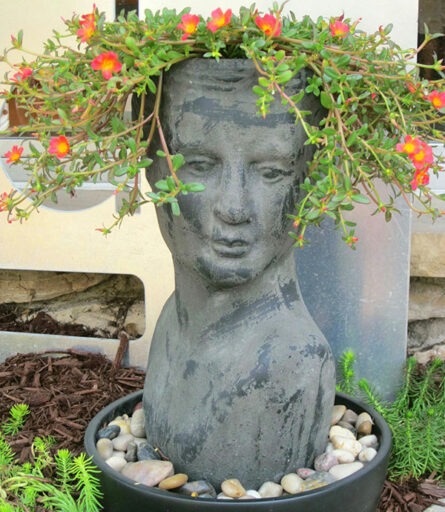 Coral portulaca blooming in gray female head planter storefront display at Be Spectacled, Wauwatosa, WI