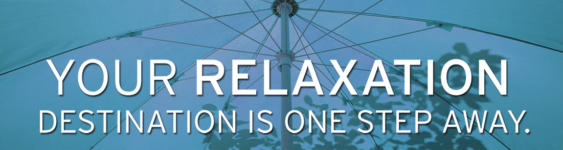 Bloom! Landscaping slide show, Slide one, A blue transparent umbrella with leaves in backdrop with text saying, your relaxation destination is one step away.destination is one step away.