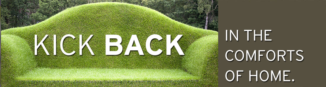 Slide five, a living couch of green lawn grass sits in front of a backdrop of trees with text saying “kick back in the comforts of home” with Bloom! Landscaping