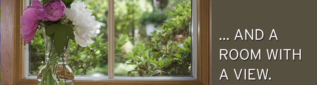 Slide four, a bouquet of peonies in front of window with blurred garden in background and the text 