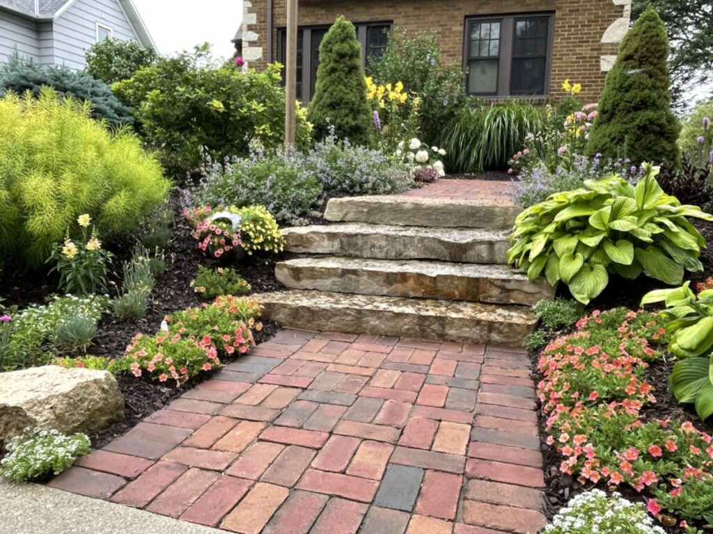 A quaint brick walkway with stone steps is surrounded by a wide variety of flowering plants, colorful foliage and texture. An example of good garden design services provided in Wauwatosa, WI, the front yard entrance shows beautiful and cohesive texture, form and color.